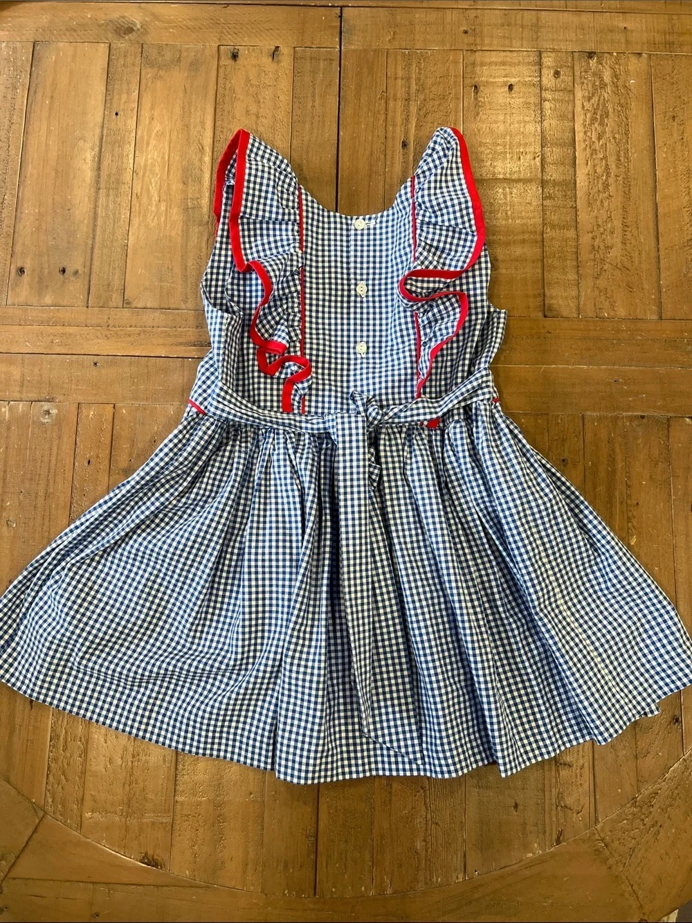 Boutique blue checkered ruffle shoulder dress girls 5-6 years Americana